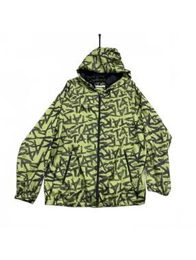 Men Alpinestars Hooded Windbreaker Jacket Sz XL Lime Green Black Graffiti Print